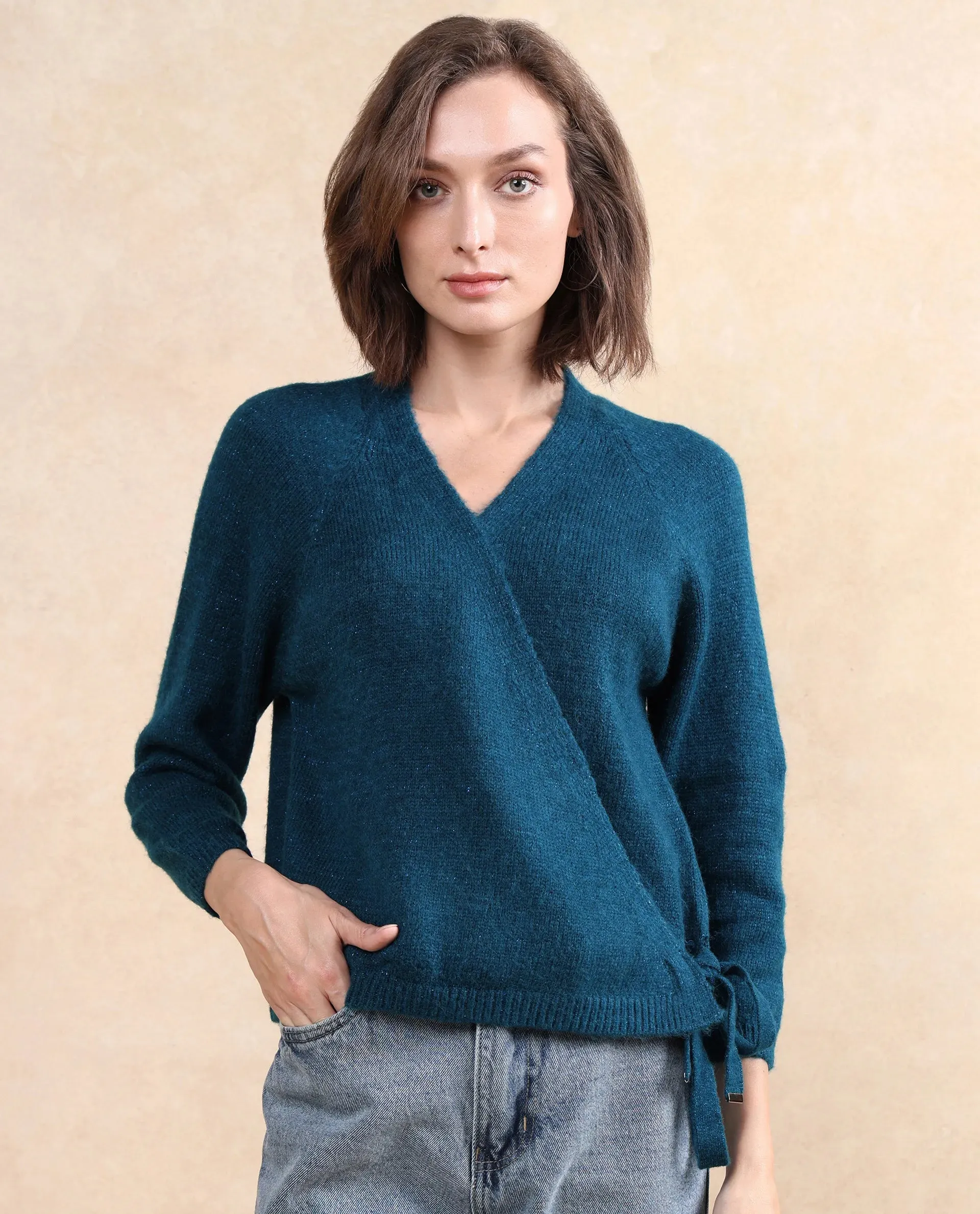Rareism Women Minjin Dark Teal Relaxed Fit Plain Cardigan
