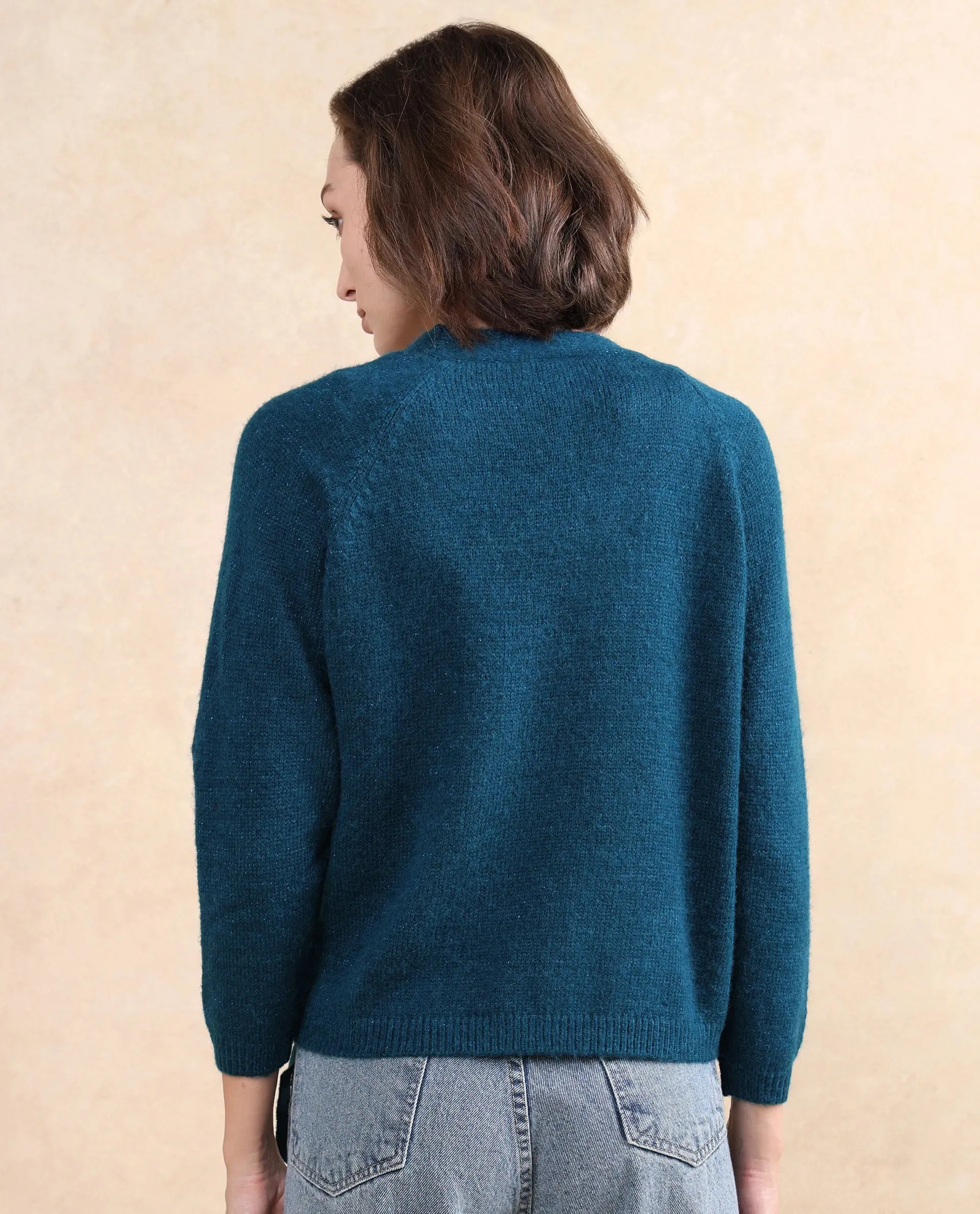 Rareism Women Minjin Dark Teal Relaxed Fit Plain Cardigan
