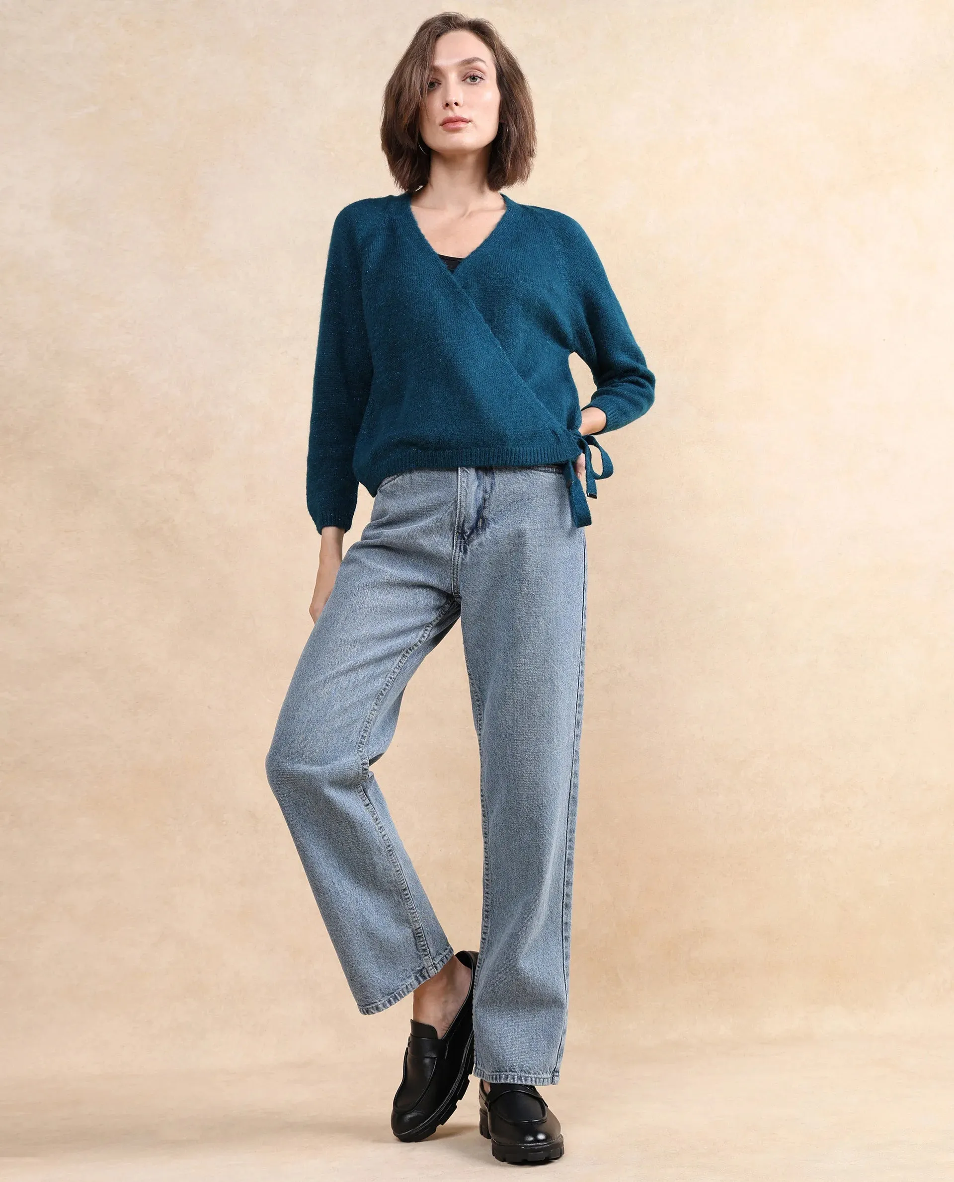 Rareism Women Minjin Dark Teal Relaxed Fit Plain Cardigan