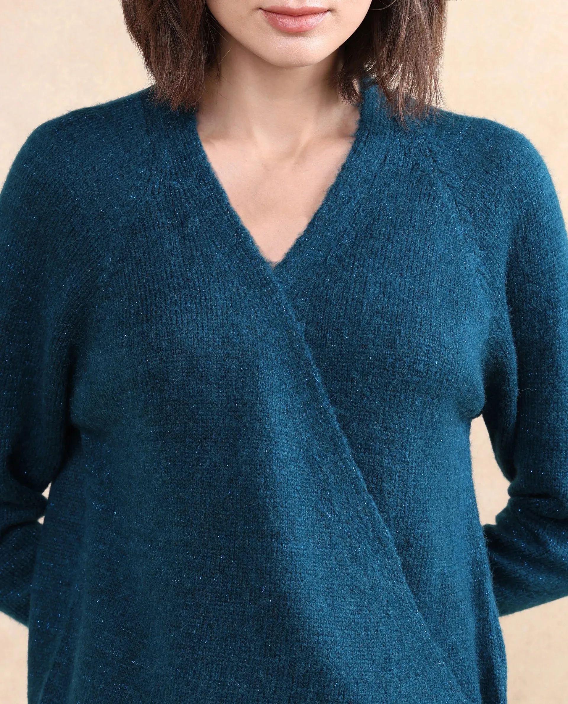 Rareism Women Minjin Dark Teal Relaxed Fit Plain Cardigan