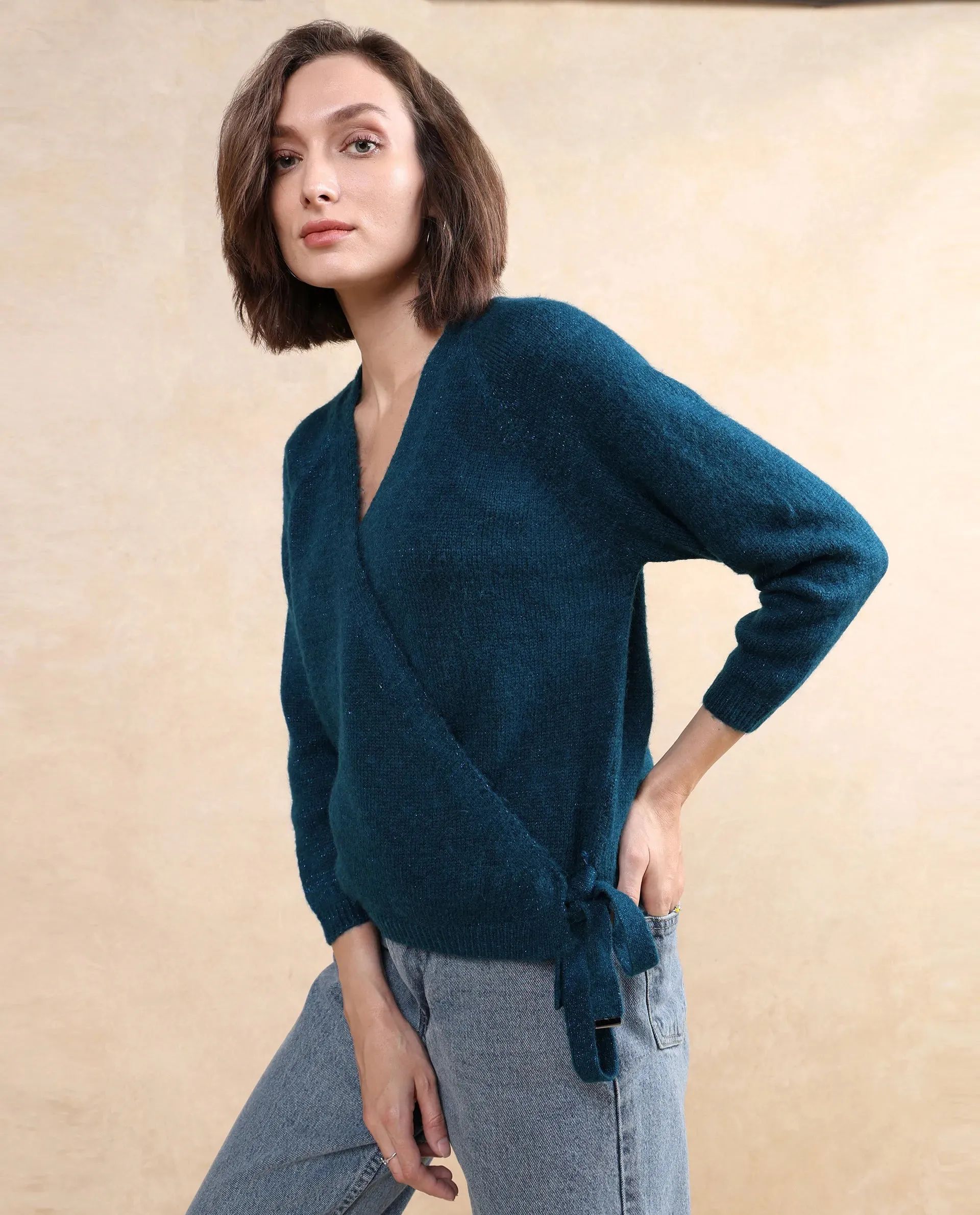 Rareism Women Minjin Dark Teal Relaxed Fit Plain Cardigan