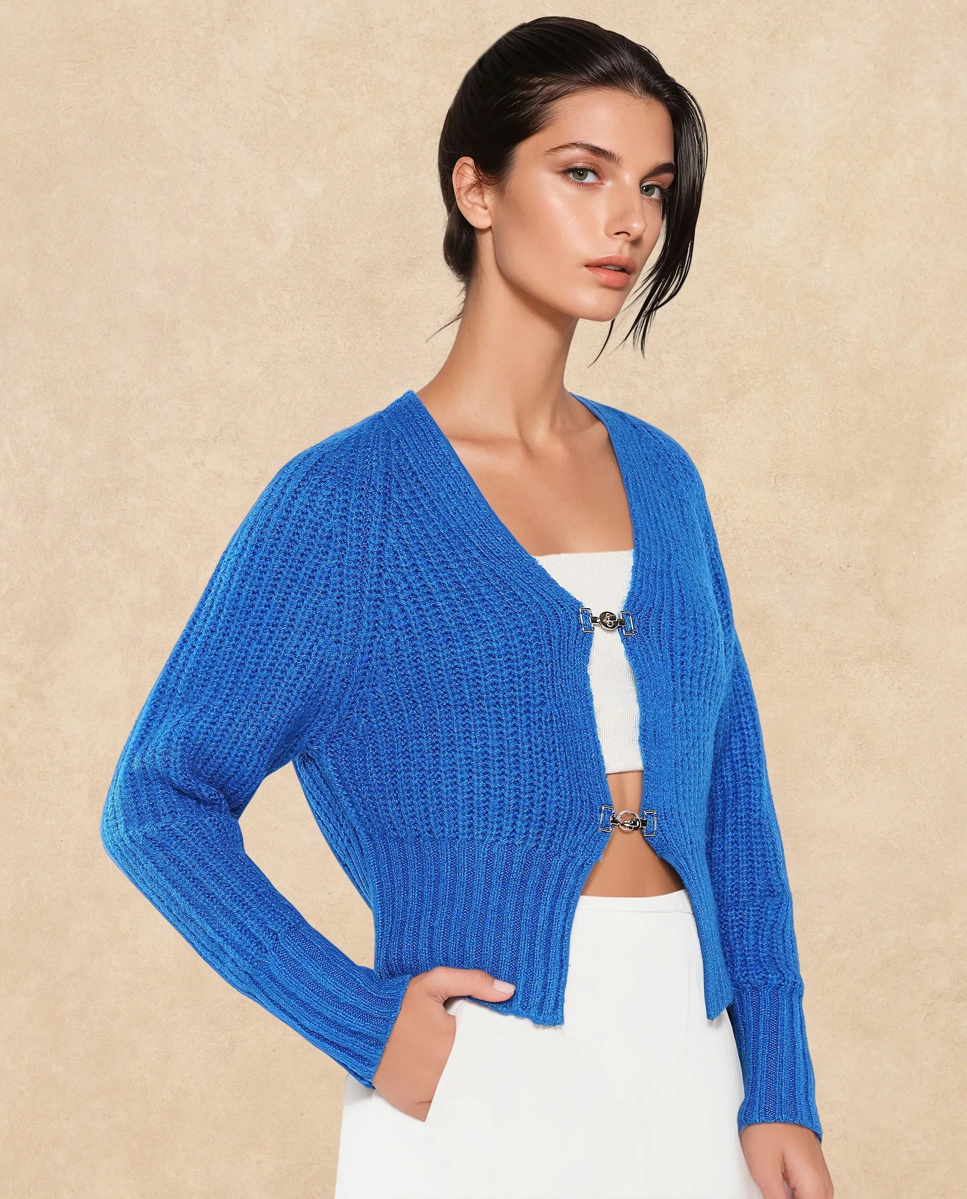 Rareism Women Okali Blue Relaxed Fit Plain Cardigan