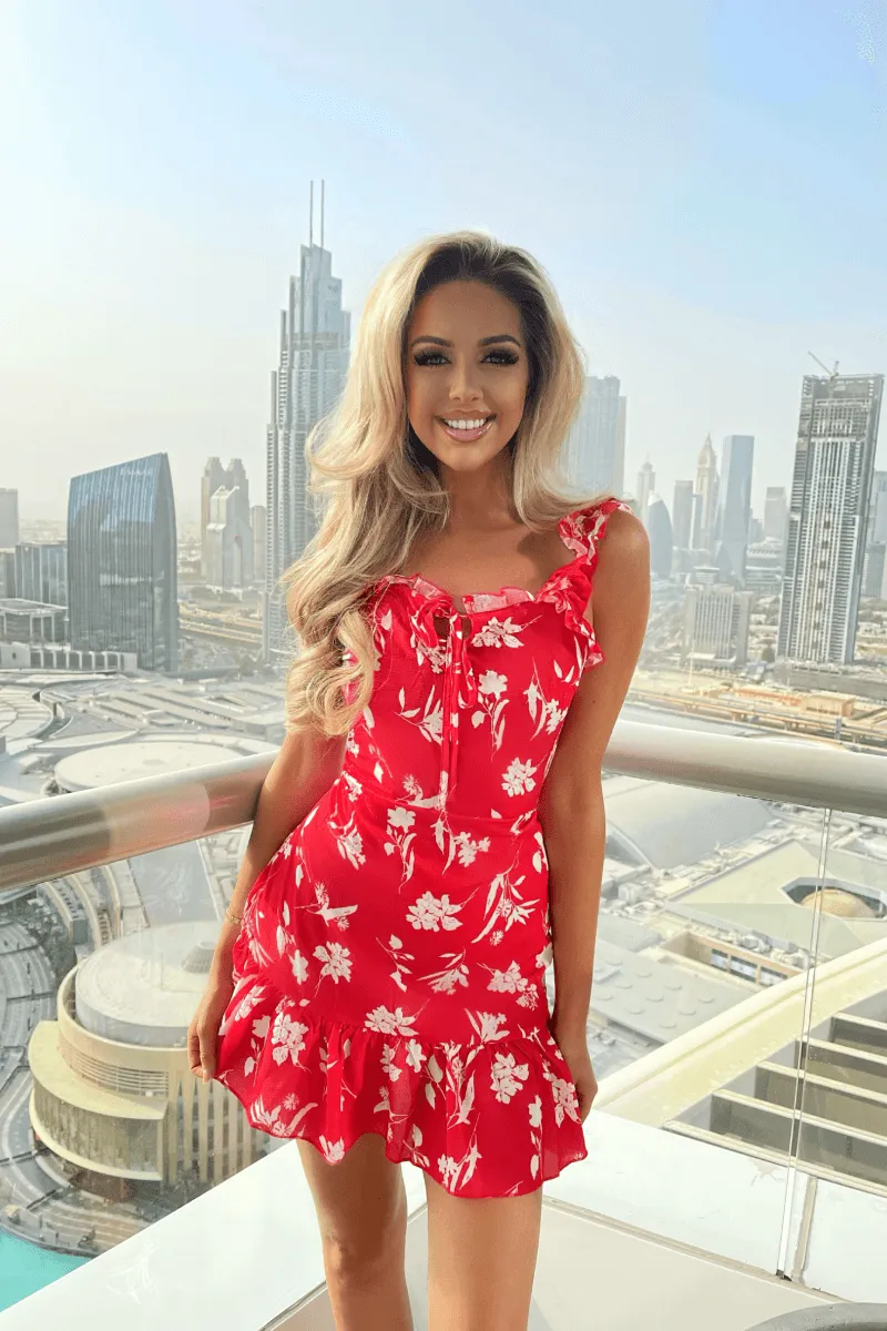Red Floral Ruffle Hem Tie Front Slip Dress