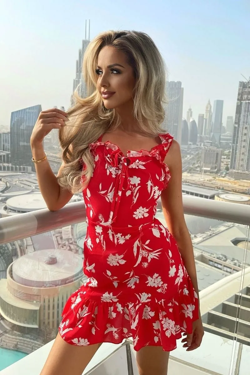 Red Floral Ruffle Hem Tie Front Slip Dress