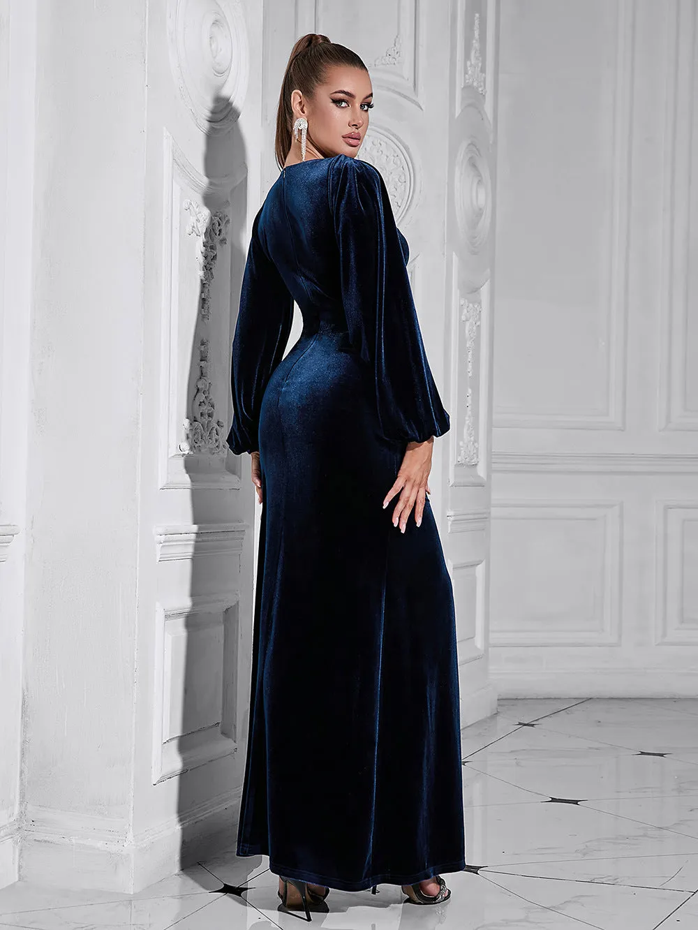 Sexy V neck Long Sleeve Split Evening Dress
