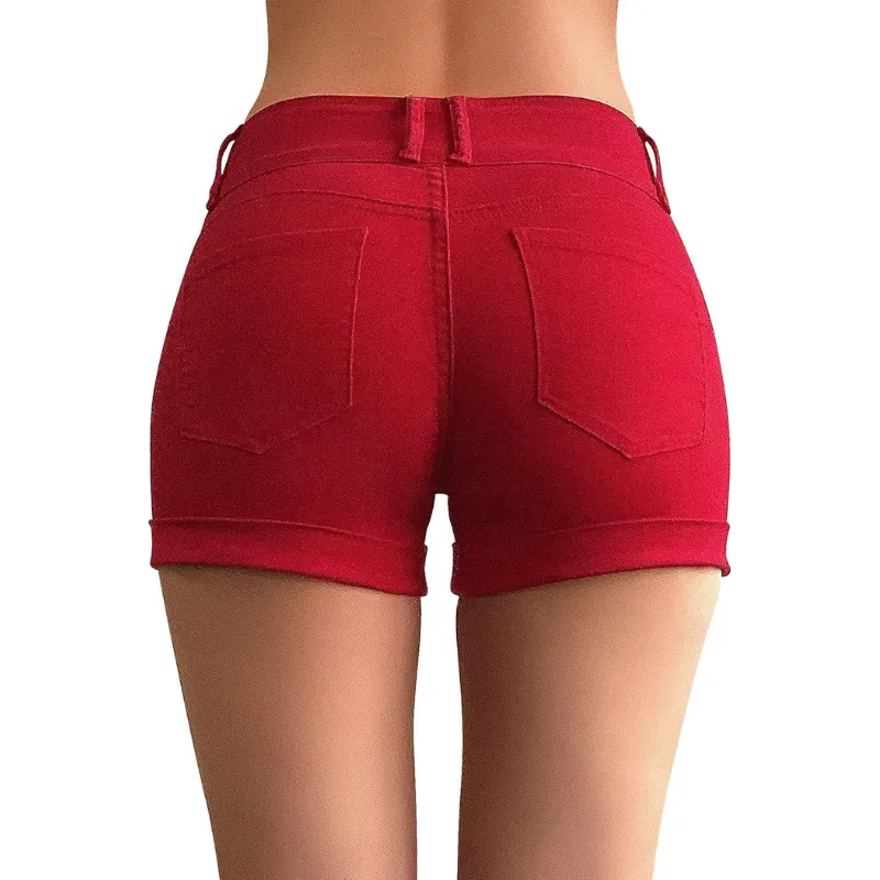 Stretchy Denim Shorts With Cuffed Hem And Multi Pocket Design