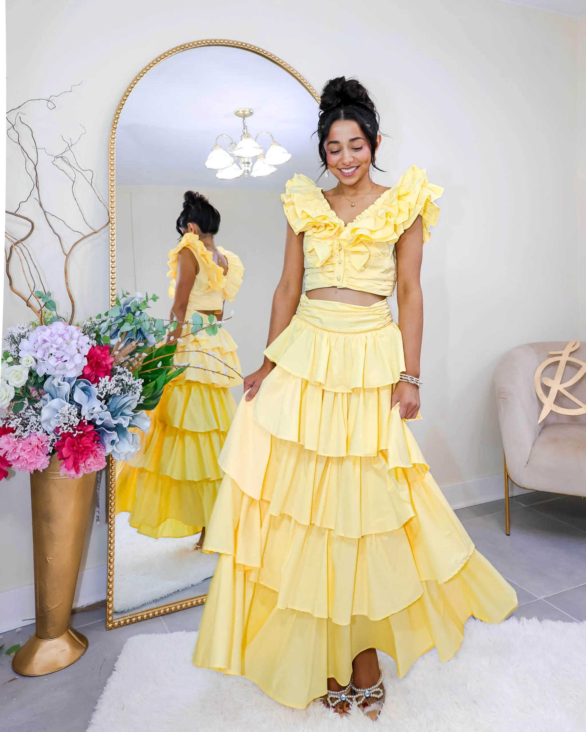 Sunflower Dreams Tiered Ruffle Maxi Skirt Set