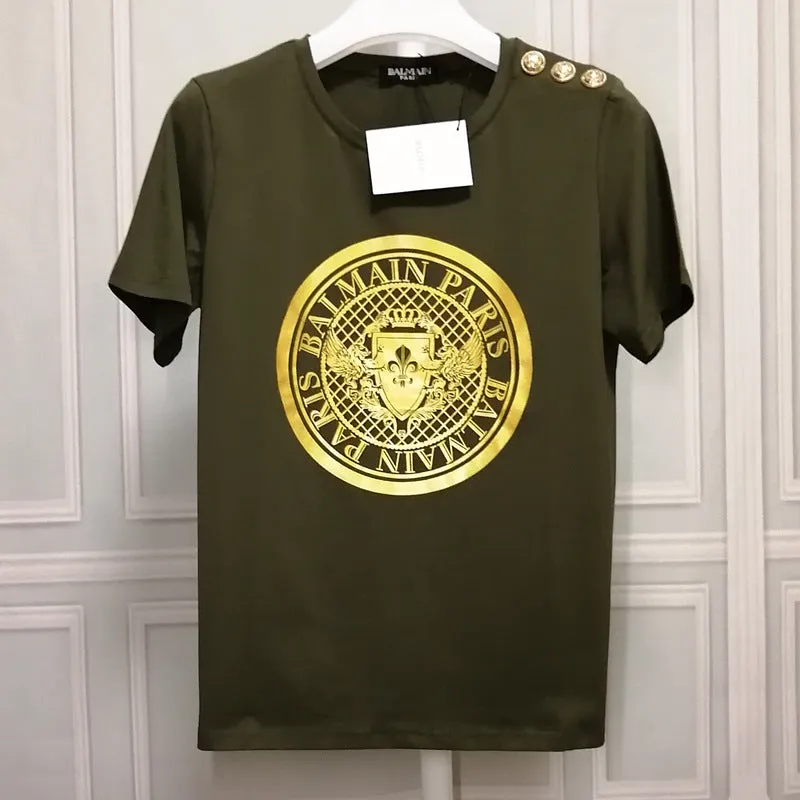 T Shirt Balmain T-shirt Women's Short Sleeve Shoulder Gold and Silver Button