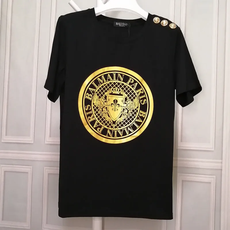 T Shirt Balmain T-shirt Women's Short Sleeve Shoulder Gold and Silver Button