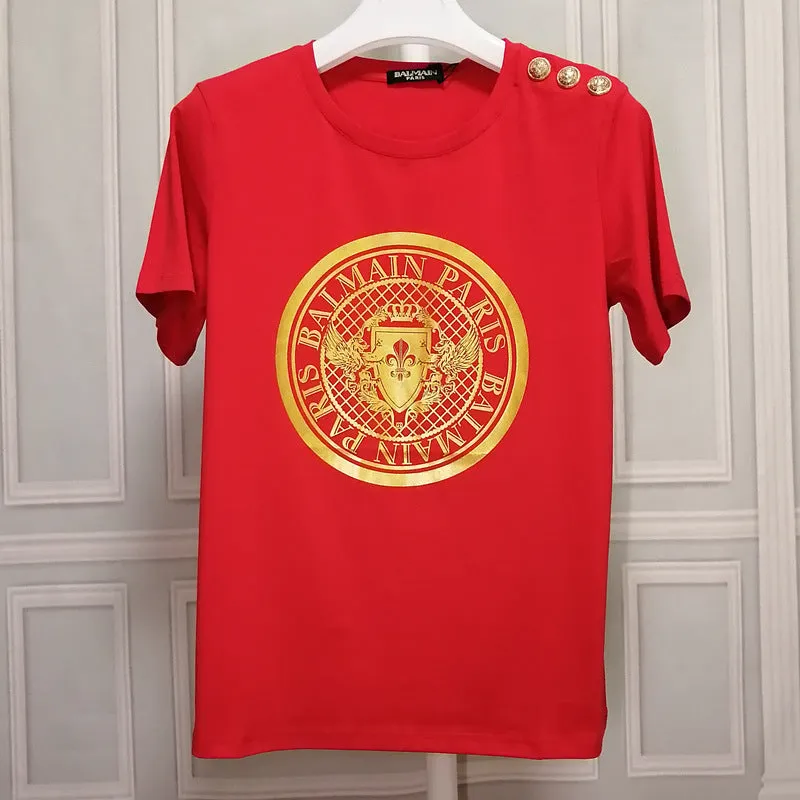 T Shirt Balmain T-shirt Women's Short Sleeve Shoulder Gold and Silver Button