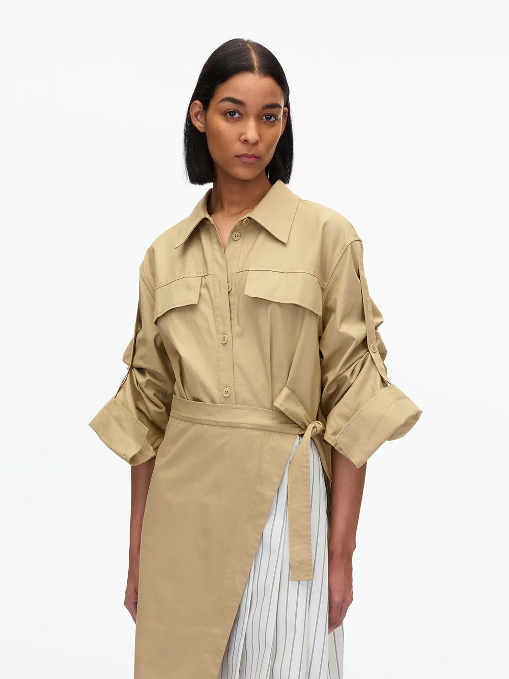 Utility Shirt Dress with Pleated Wrap Skirt (Khaki)