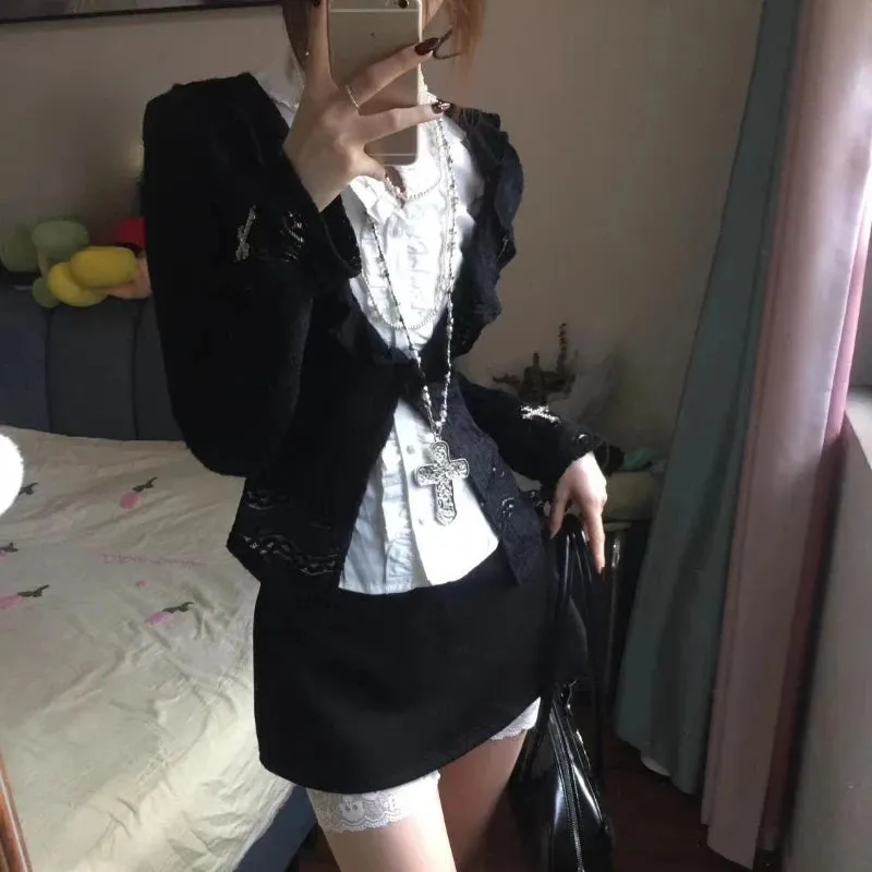 Vevesc French Sweet Cool Harajuku Popular 3 Piece Sets Y2k Exquisite Draped White Blouse Black Cardigan Japan Punk Streetwear Skirts