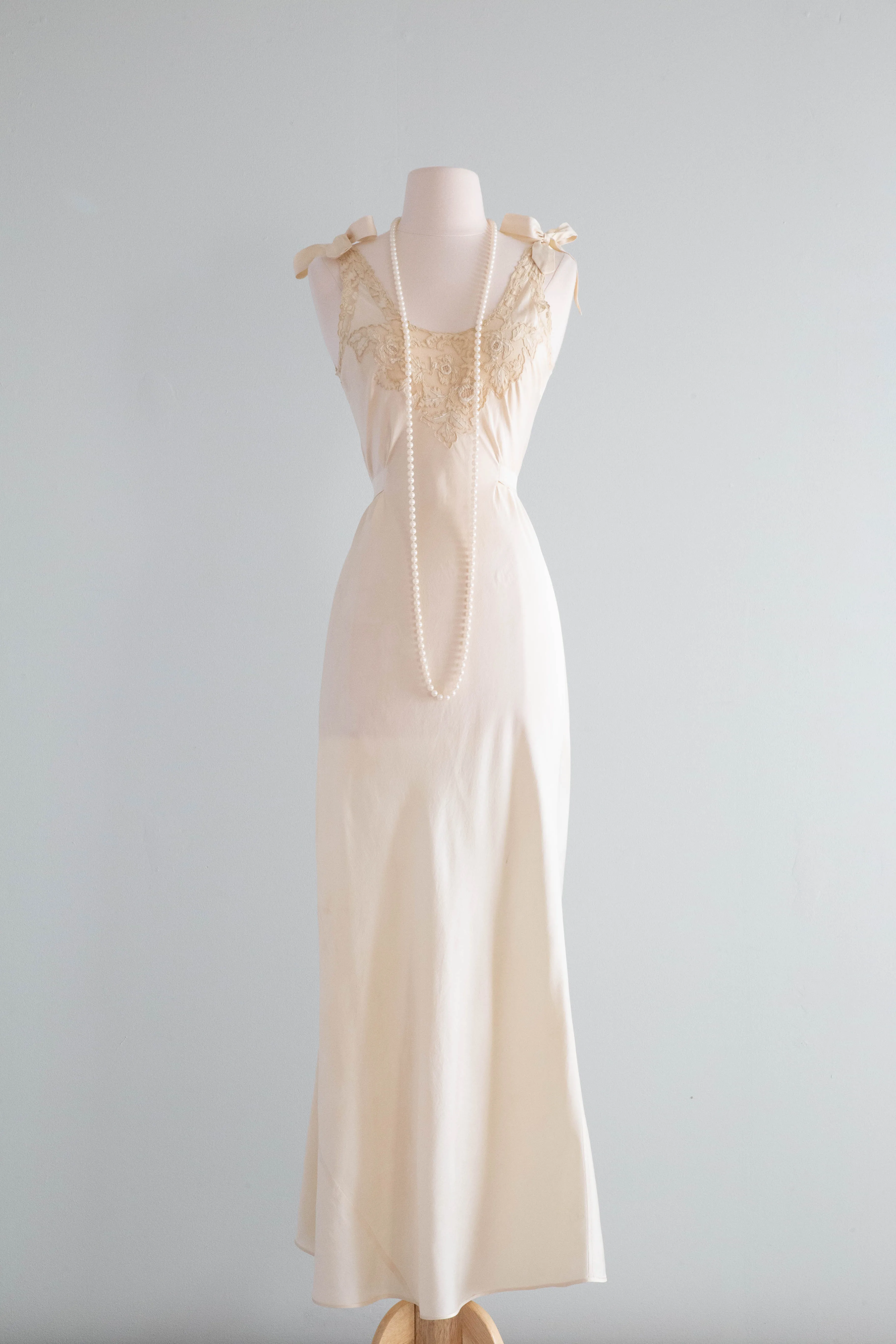 Vintage 1930's Silk Bias Cut Slip Dress With Tie Shoulders & Lace / SM