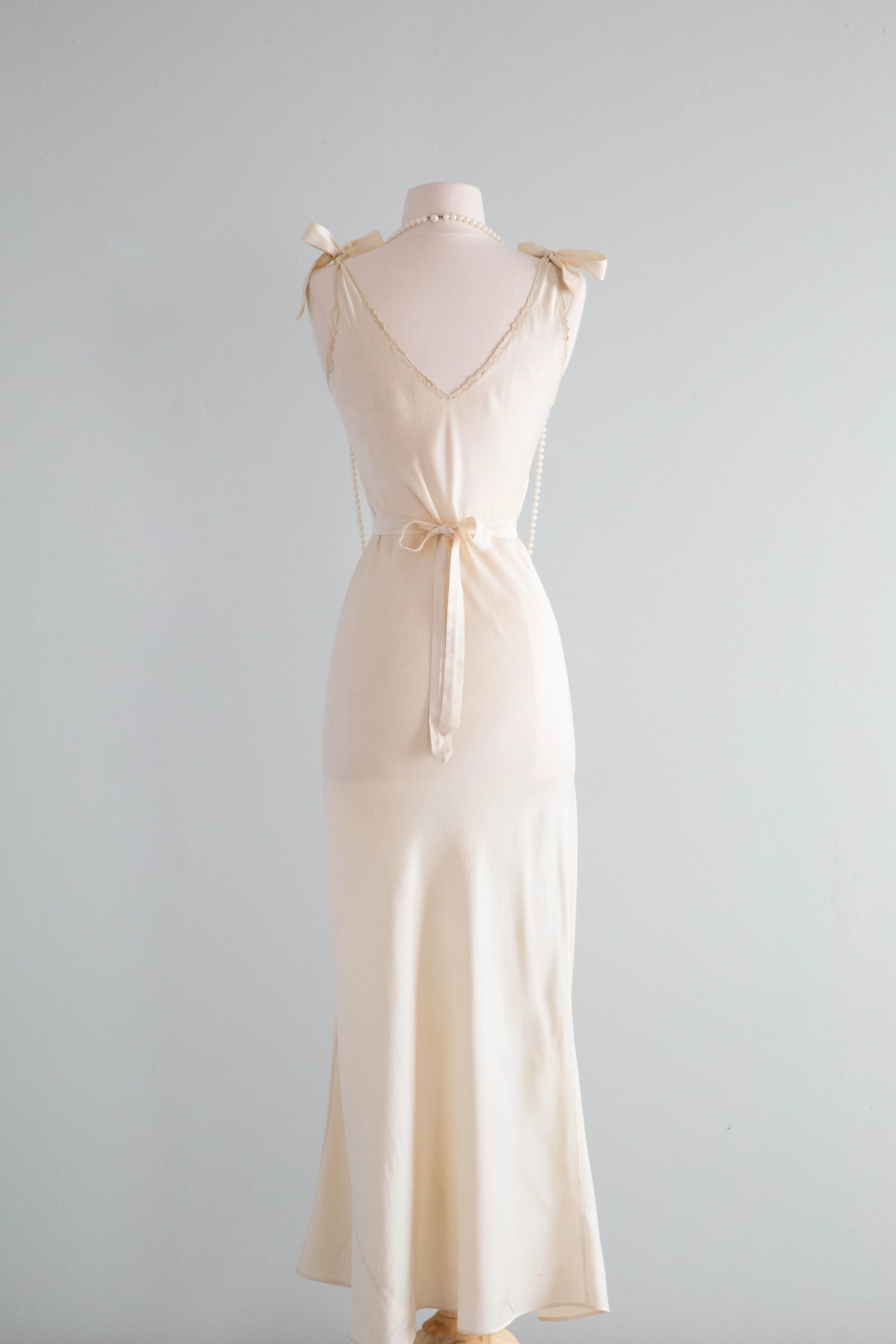 Vintage 1930's Silk Bias Cut Slip Dress With Tie Shoulders & Lace / SM