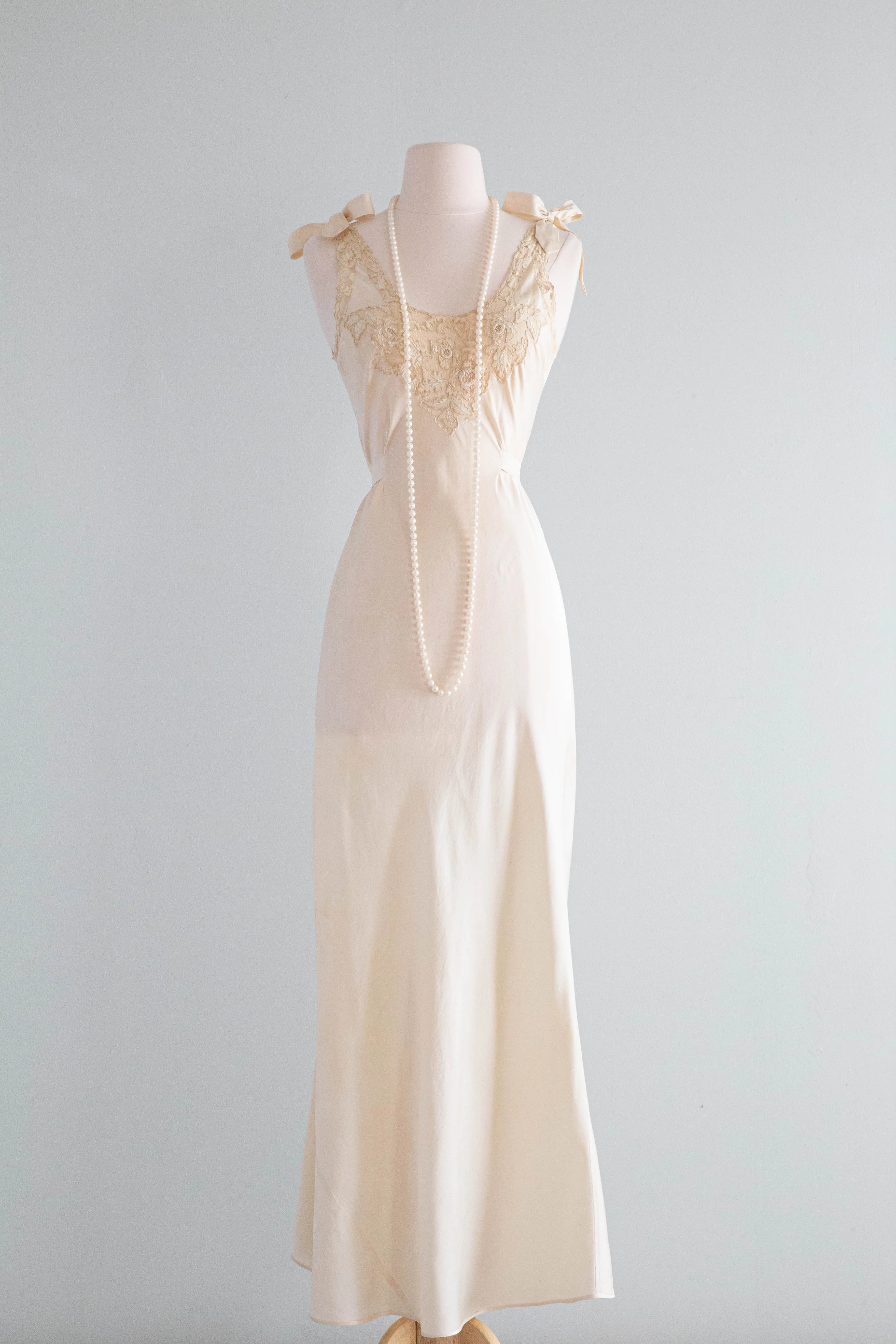 Vintage 1930's Silk Bias Cut Slip Dress With Tie Shoulders & Lace / SM