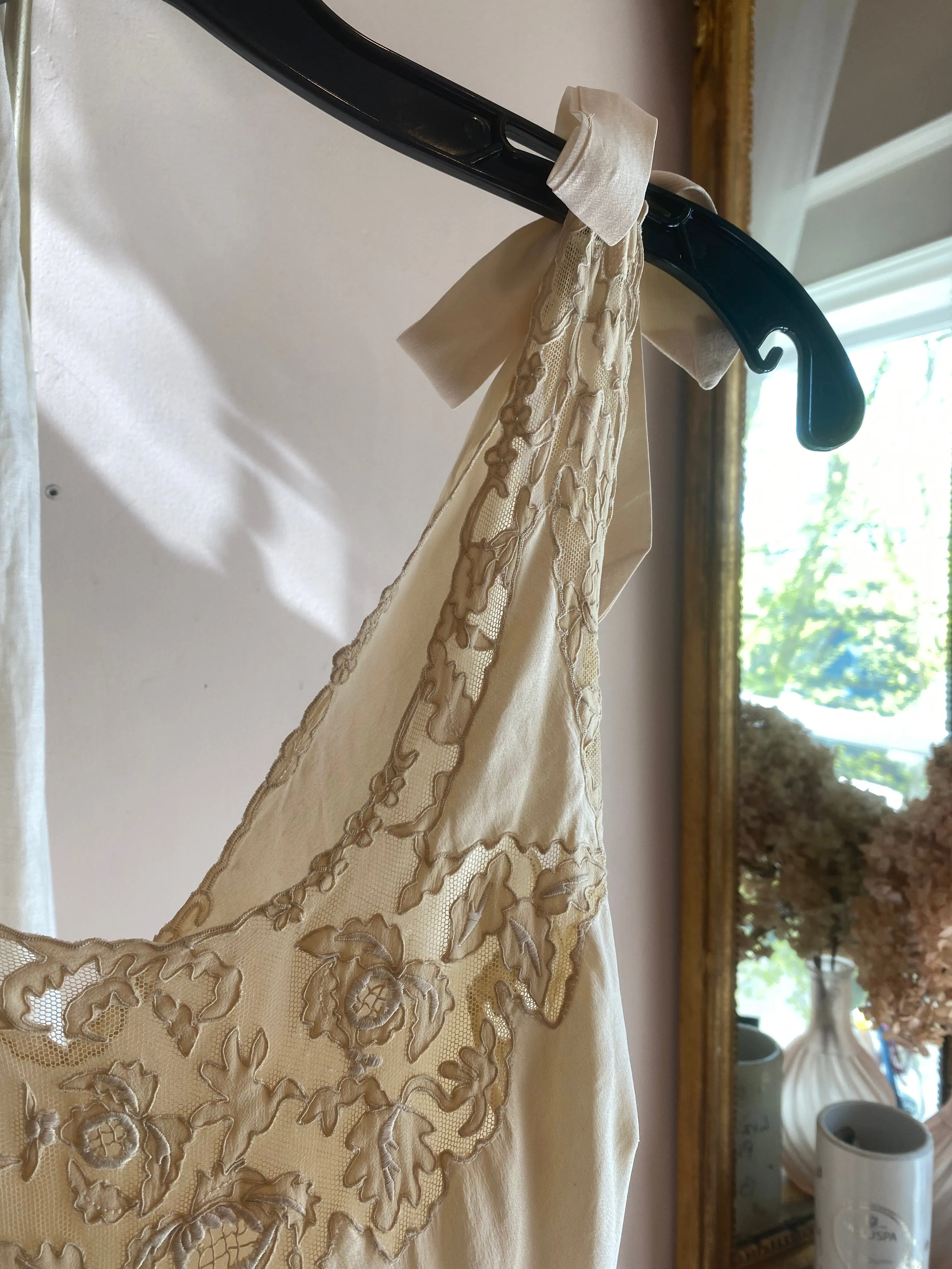 Vintage 1930's Silk Bias Cut Slip Dress With Tie Shoulders & Lace / SM