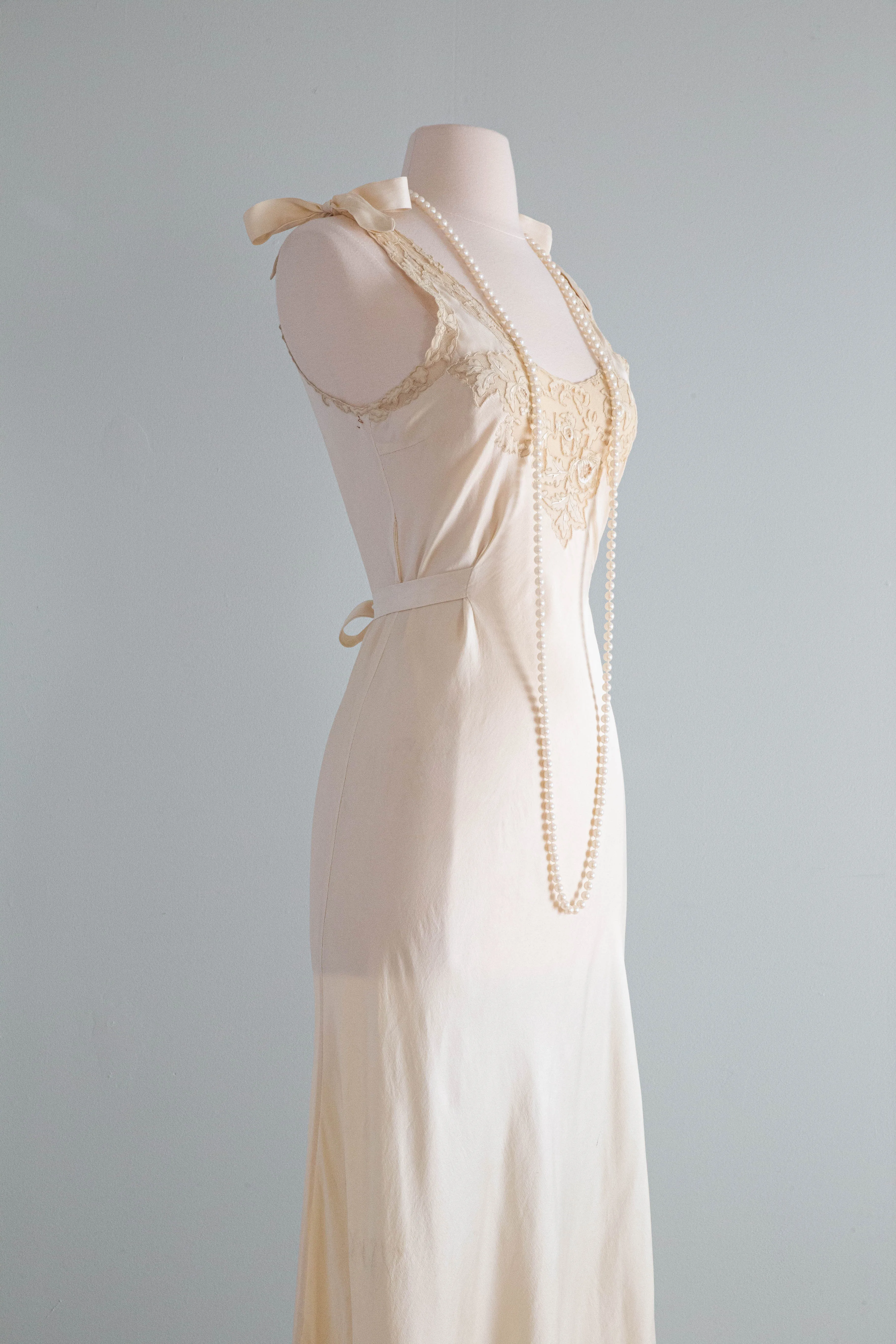 Vintage 1930's Silk Bias Cut Slip Dress With Tie Shoulders & Lace / SM