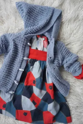 Vintage Blue Hand Knitted Hooded Toddler Cardigan