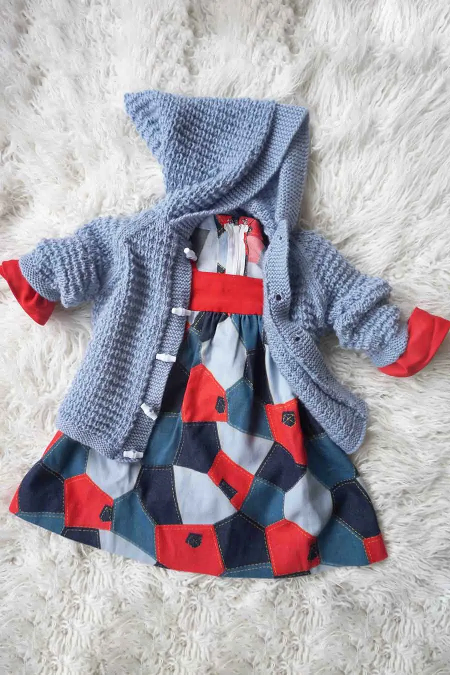 Vintage Blue Hand Knitted Hooded Toddler Cardigan