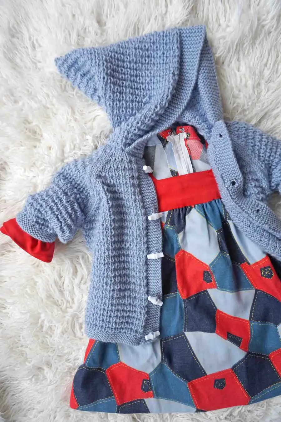 Vintage Blue Hand Knitted Hooded Toddler Cardigan