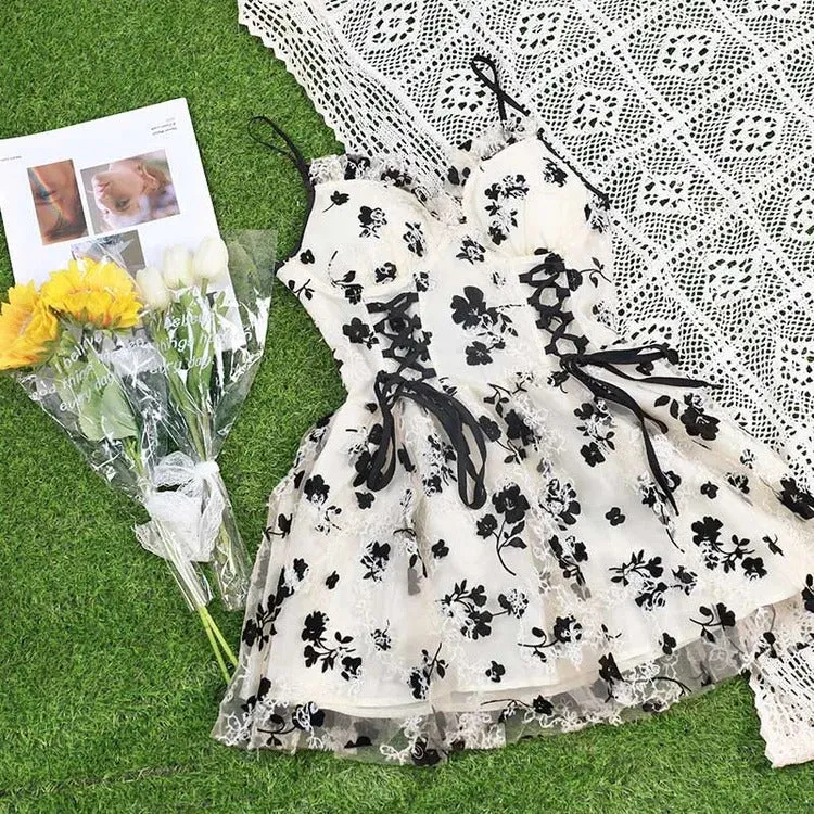 Vintage Floral Lace-Up Slip Dress and Cardigan Ensemble