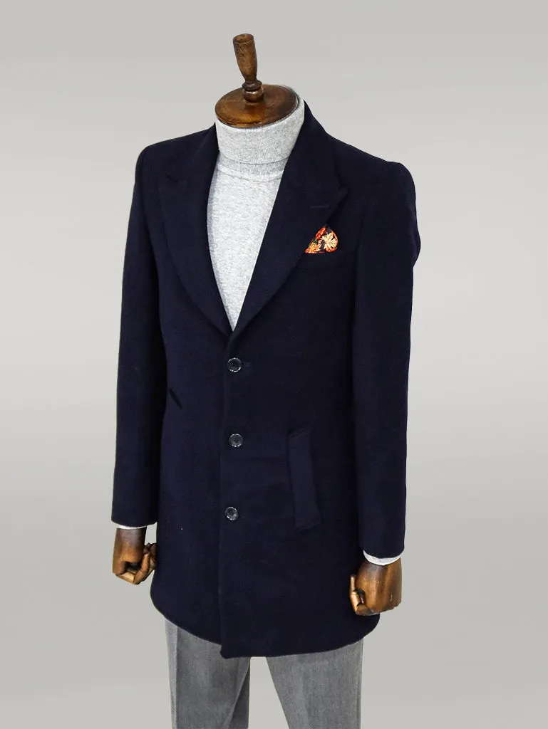 Wide Lapel Wool Navy Blue Men Coat - Wessi