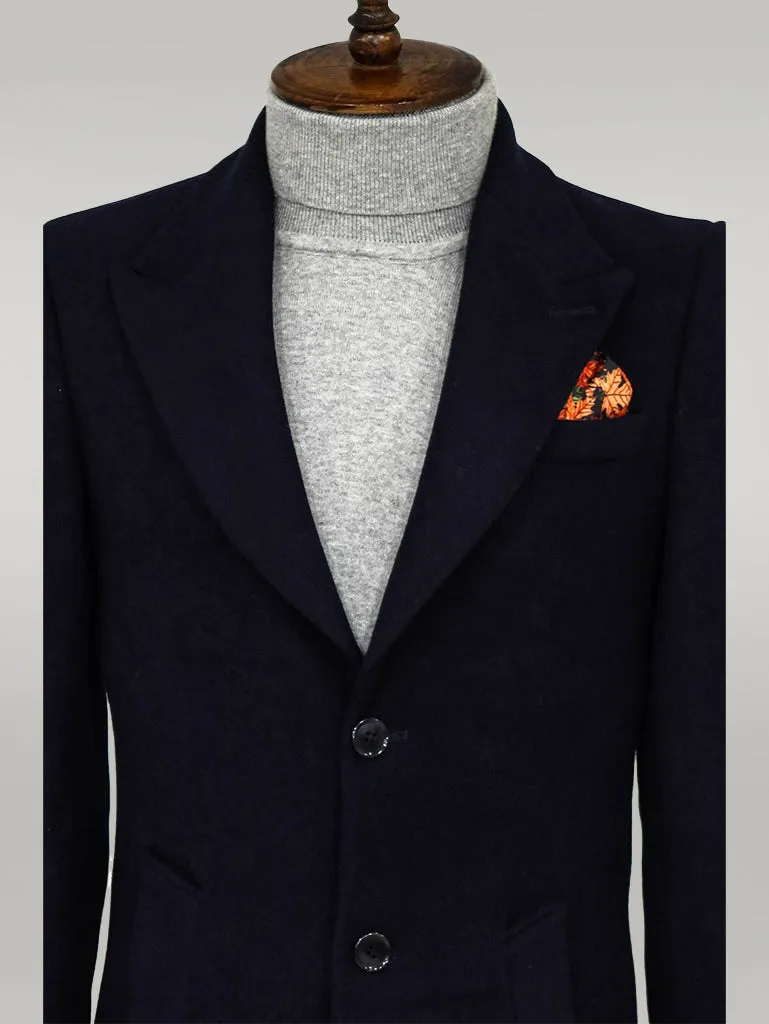 Wide Lapel Wool Navy Blue Men Coat - Wessi