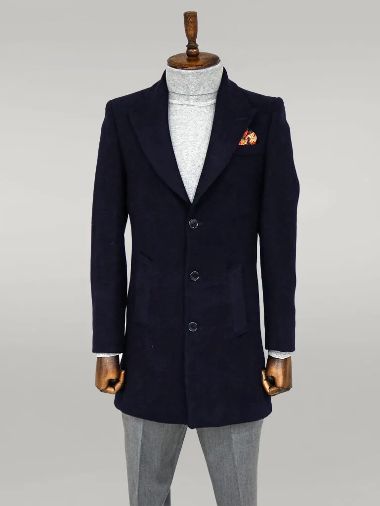 Wide Lapel Wool Navy Blue Men Coat - Wessi
