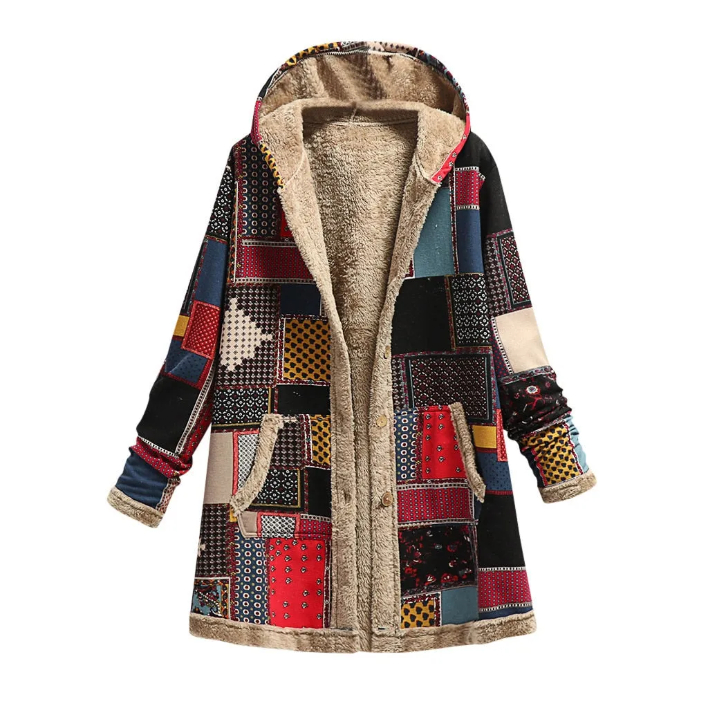 Winter Vintage Women's Coat Warm Printing Thick Fleece Hooded Long Jacket with Pocket