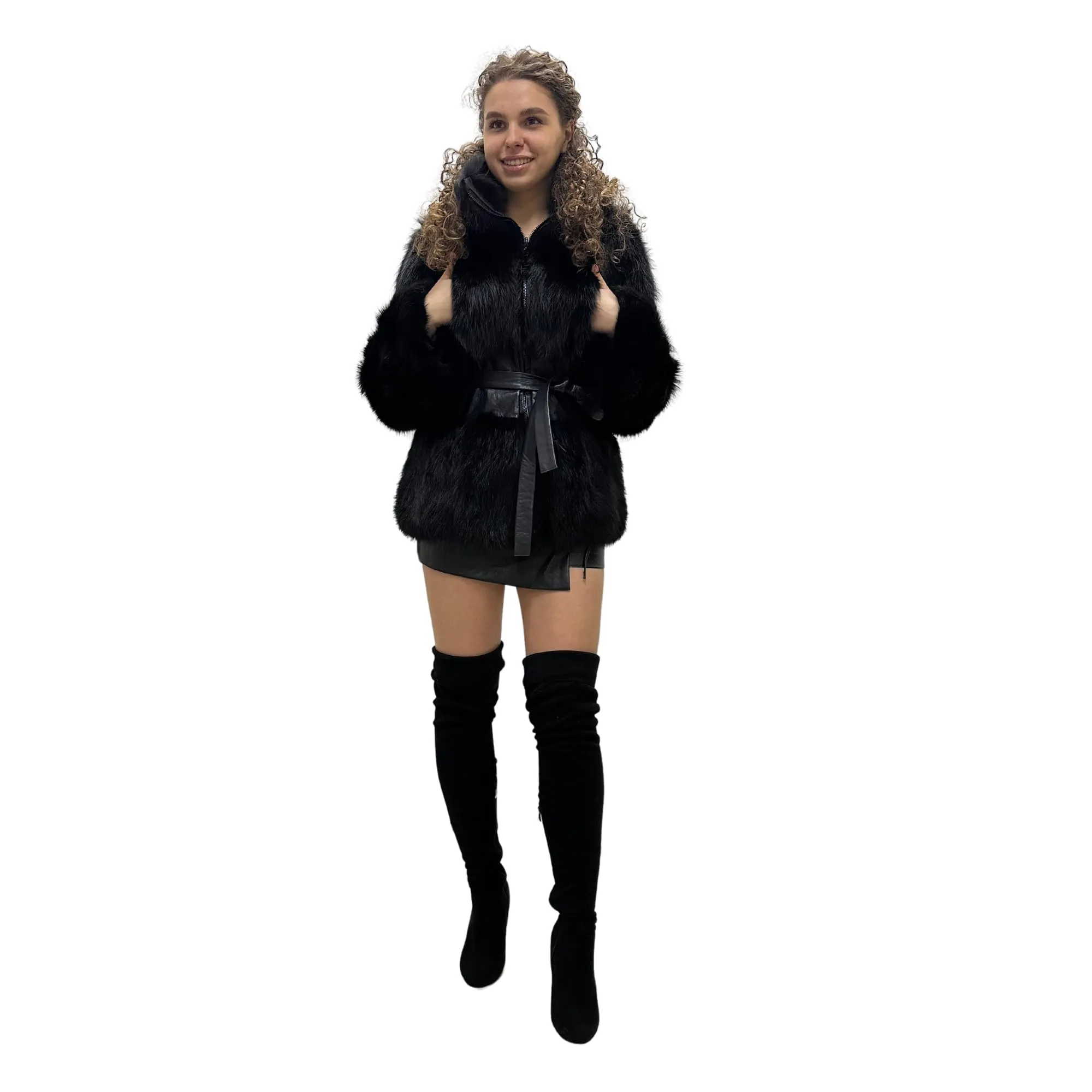 Women's Black Fox Fur and Genuine Leather Coat with Zipper and Belt – Elegant and Luxurious (S)