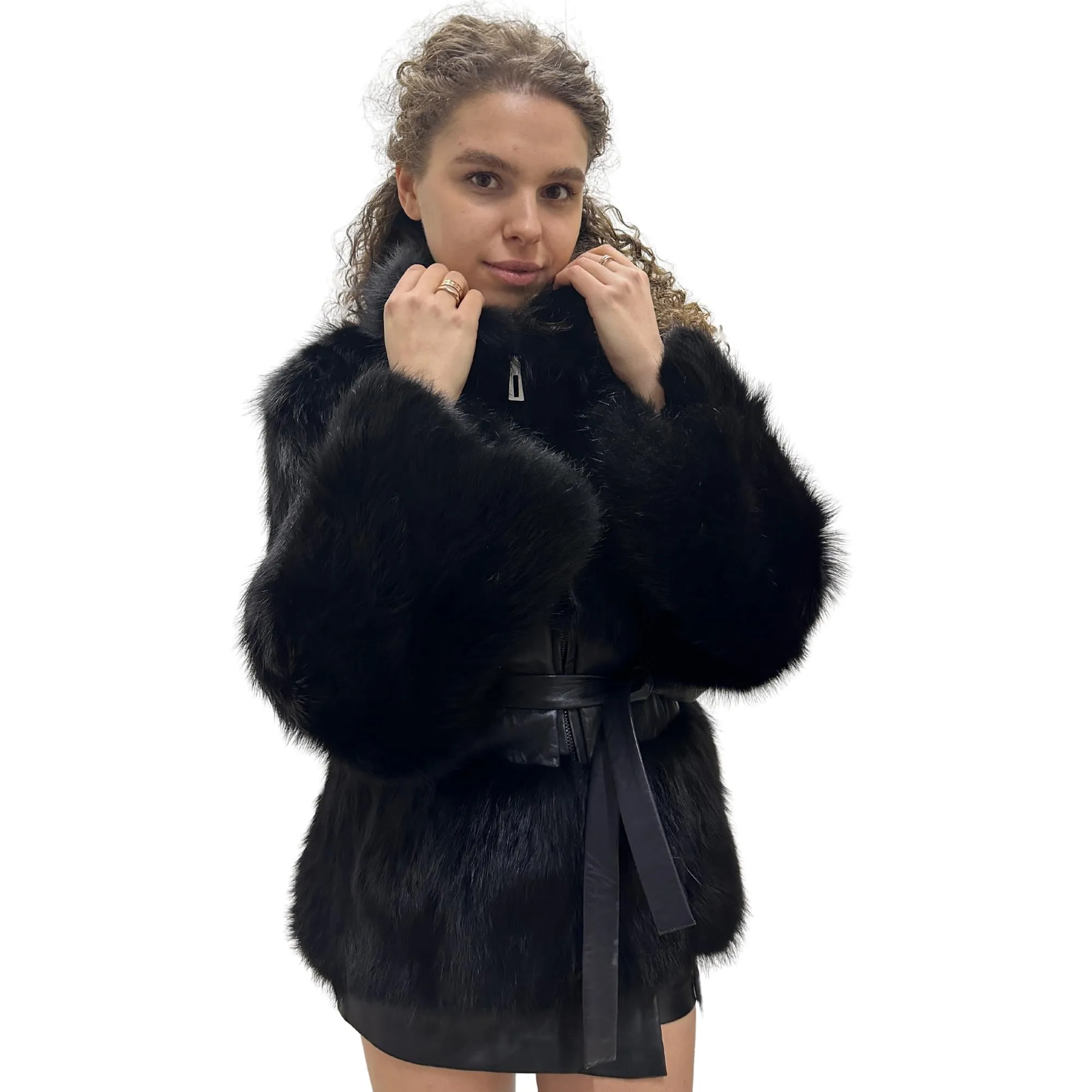 Women's Black Fox Fur and Genuine Leather Coat with Zipper and Belt – Elegant and Luxurious (S)