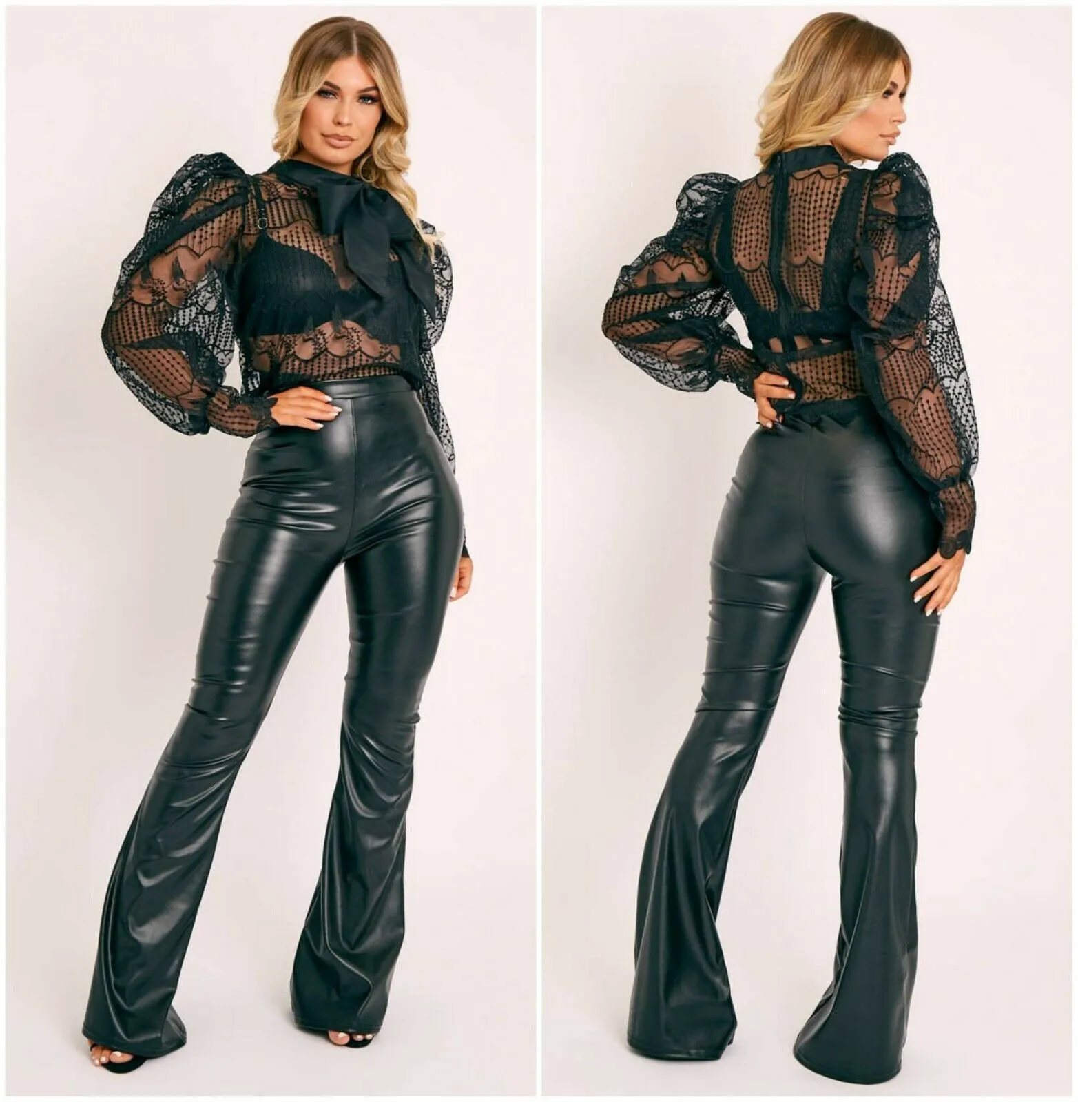 Womens Ladies Black Faux Leather High Waist Flared Trousers Bottom Pants