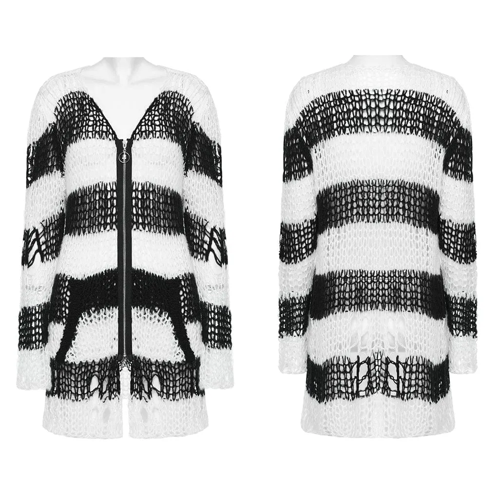 Women's Punk Striped Ripped Knitted Cardigan