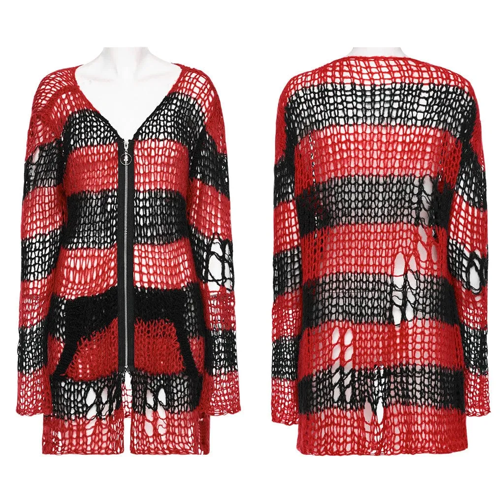 Women's Punk Striped Ripped Knitted Cardigan