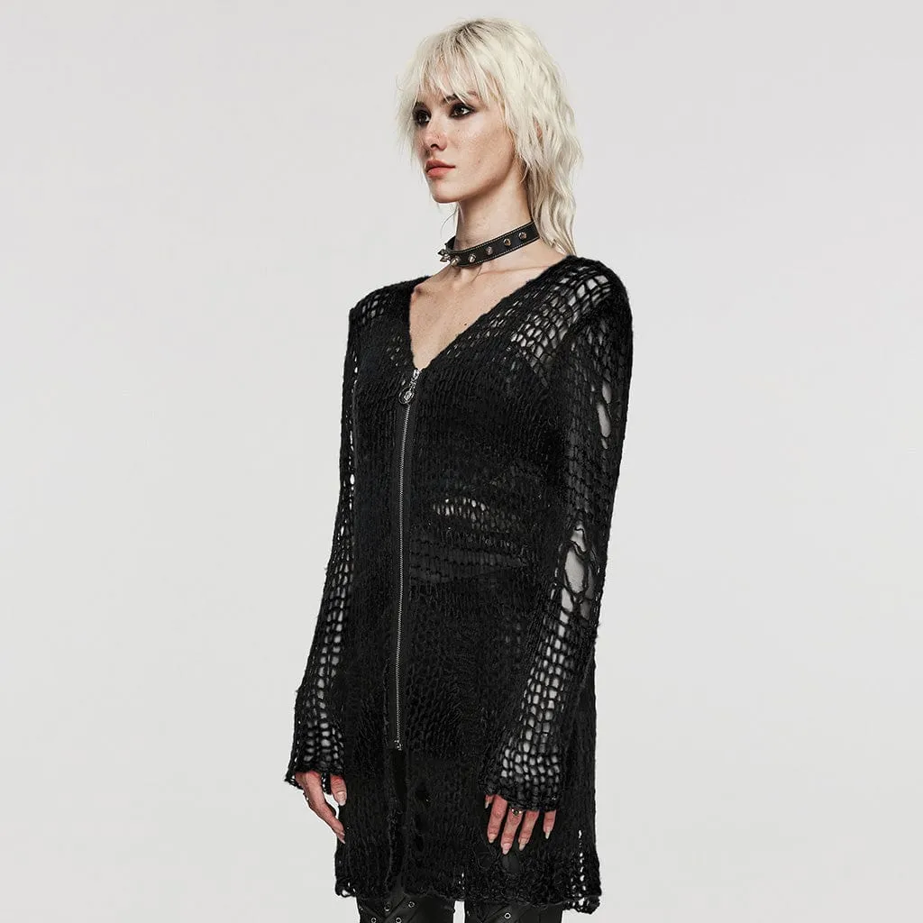 Women's Punk Striped Ripped Knitted Cardigan