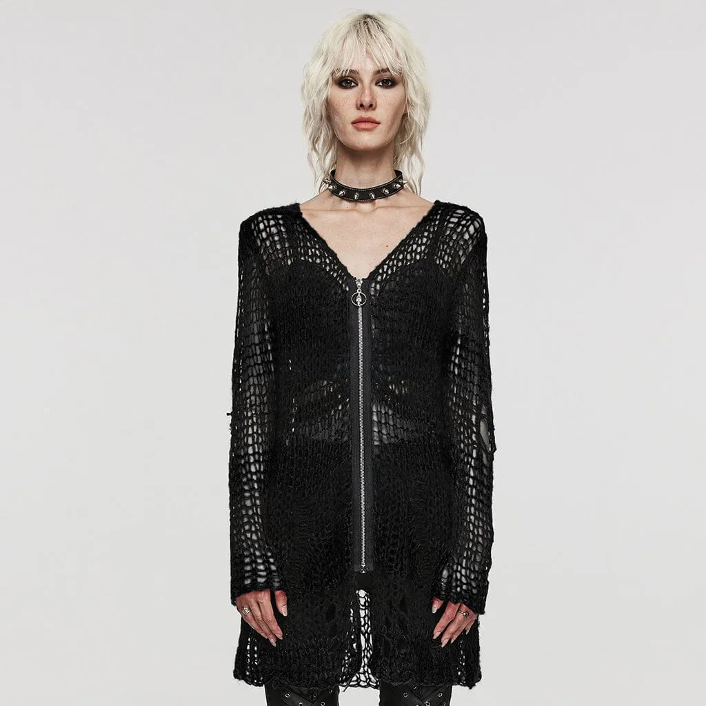 Women's Punk Striped Ripped Knitted Cardigan