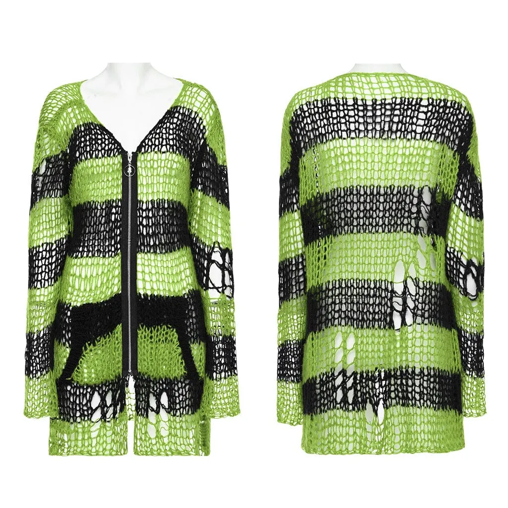 Women's Punk Striped Ripped Knitted Cardigan